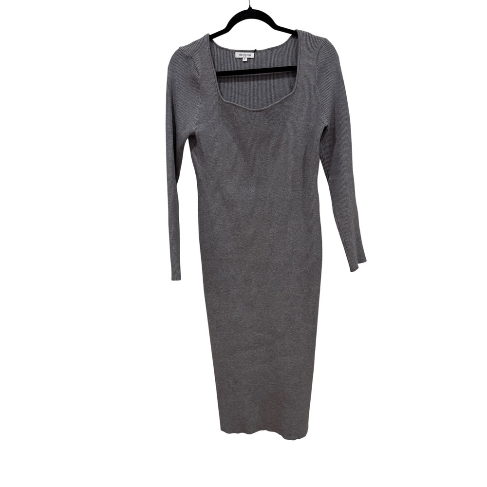 Area Stars Grey Ribbed Knit Square Neck Long Sleeve Bodycon Midi Dress Large NEW